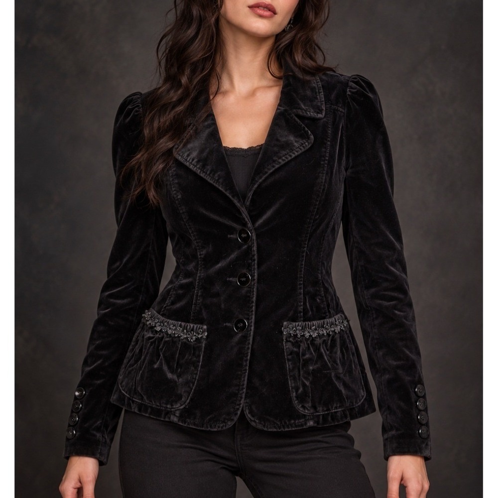 H&M Black Velvet Fitted Blazer Women's Size 4 Goth Puff Shoulder Ruffle Pockets